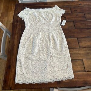 Adrianna Papell Size 14 Off Shoulder Lace Sheath Dress Cream Wedding *NWT*